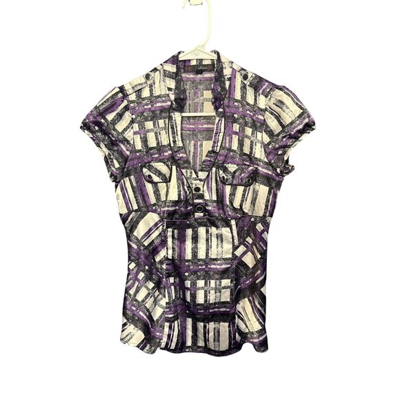 HeartSoul Y2K Baby Doll Blouse S Purple/Black/White Plaid Print Button Front Sho - Picture 1 of 5